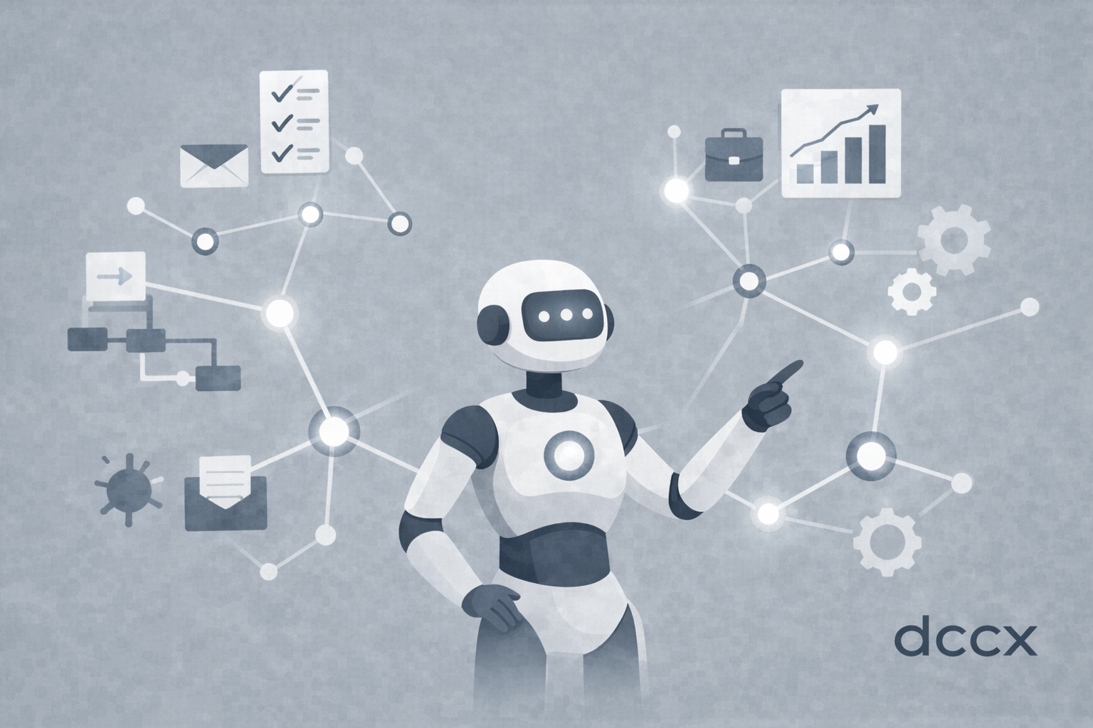 Illustration eines autonomen KI-Agenten, der Unternehmensprozesse wie Analyse, Entscheidungen und Automatisierung visuell vernetzt darstellt.